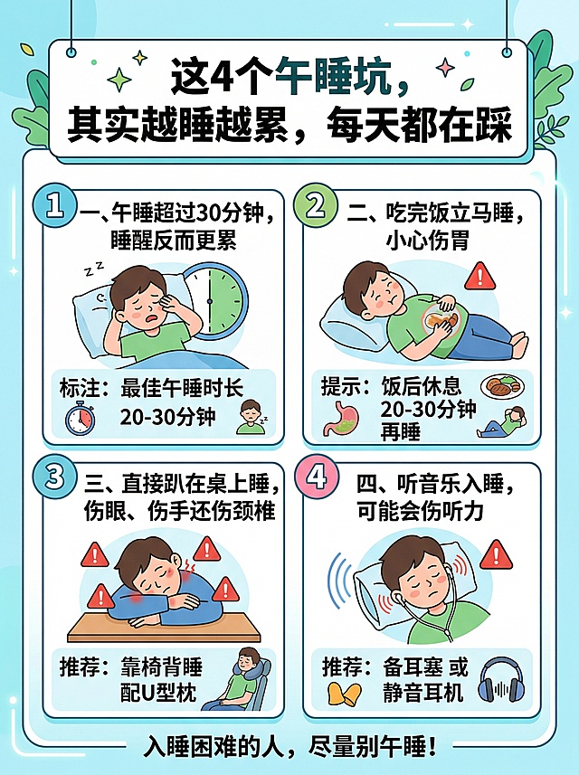 健康科普图文，标题："这4个午睡坑，其实越睡越累，每天都在踩"，内容分为四个部分：一、"午睡超过30分钟，睡醒反而更累"，标注最佳午睡时长20-30分钟；二、"吃完饭立马睡，小心伤胃"，提示饭后休息20-30分钟再睡；三、"直接趴在桌上睡，伤眼、伤手还伤颈椎"，推荐靠椅背睡配U型枕；四、"听音乐入睡，可能会伤听力"，推荐备耳塞或静音耳机；最后提醒："入睡困难的人，尽量别午睡！"。整体风格简约干净，清新舒适的健康科普风格，图文排版清晰，文字醒目易读