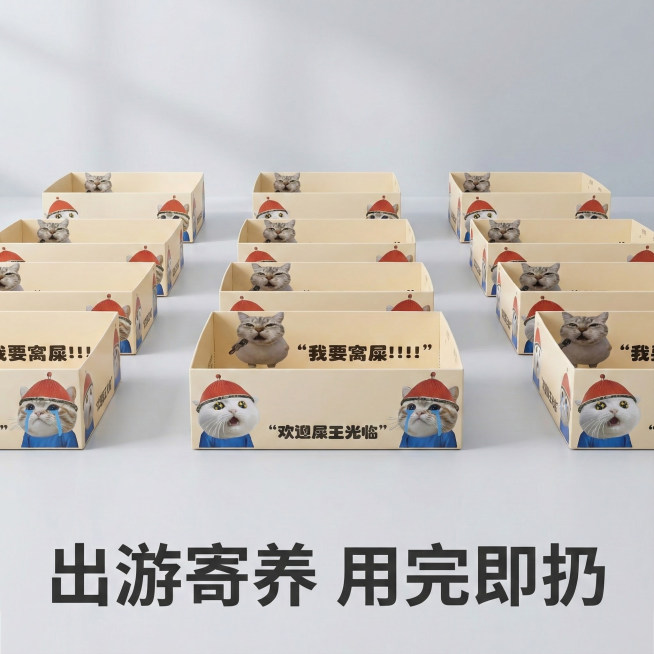 这张图片是产品主体这款产品是一次性猫砂盆 产品主体颜色不改变 我需要设计20张主图在拼多多上面售卖   主图场景布局设计用小猫等 等背景元素 需要显得高级一些主图文案内容 月刨猫砂盆 折叠设计 大容量预览效果