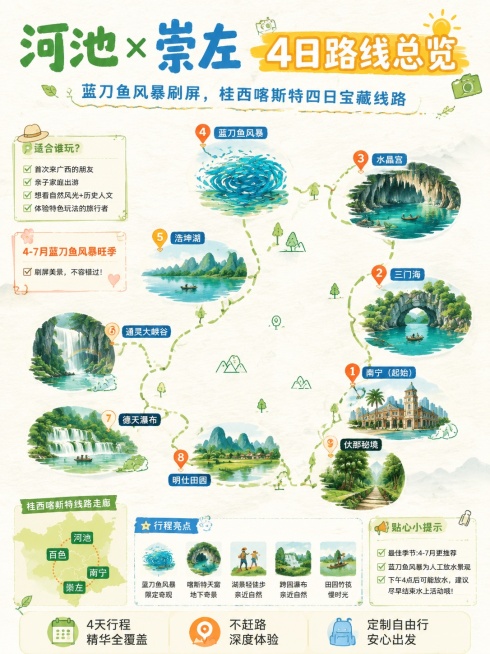 对广西河池崇左4日旅游路线海报重新设计，主题意思不变，完全更换设计风格、排版方式、字体细节，更换全部景点插画，保持原图片比例不变，保留所有文字信息：主标题"河池×崇左 4日路线总览，副标题蓝刀鱼风暴刷预览效果