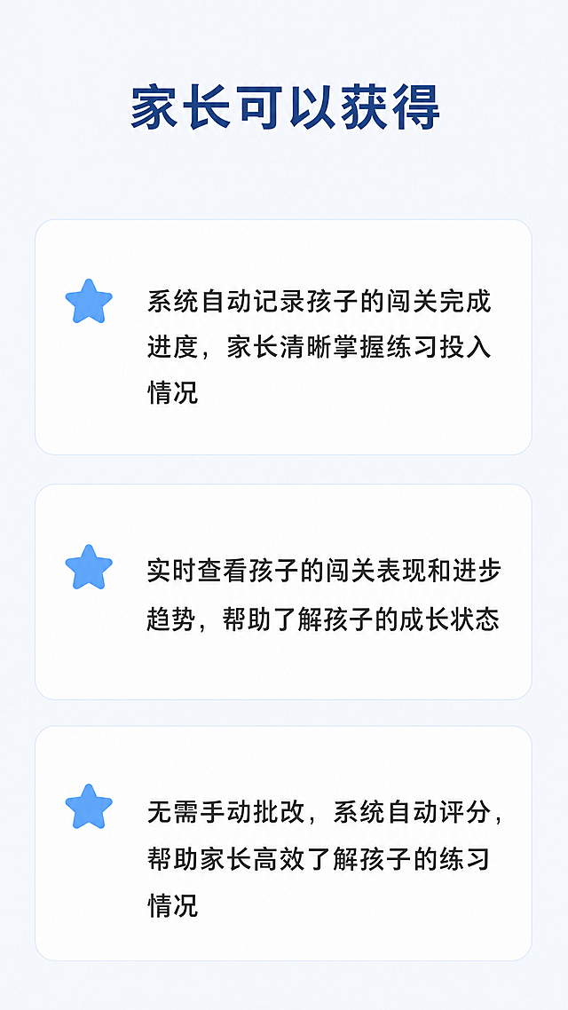[第6屏] 本屏功能定义：家长端收益说明模块，介绍家长能获得的价值。
[氛围/风格] 专业可靠风格，清晰传递产品对家长的帮助，延续整体设计调性。
[元素布局] 顶部大标题，下方三条优势卖点从上到下排列，每个卖点配简约图标，信息舒展，行间距充足。背景保持干净简洁。
[光影质感] 均匀柔和主光，文字清晰，图标识别度高，没有明暗遮挡。
[配色色系] 全局底色：#F5F9FF；主标题：#2A4B8D；卖点文字：#333333；图标颜色：#60A5FA，保持配色一致性。
[视角构图] 9:16竖版，从上到下线性排版，符合手机阅读顺序。
[文字版式] 顶部主标题加粗居中："家长可以获得"。三个卖点依次：
1. "系统自动记录孩子的闯关完成进度，家长清晰掌握练习投入情况"
2. "实时查看孩子的闯关表现和进步趋势，帮助了解孩子的成长状态"
3. "无需手动批改，系统自动评分，帮助家长高效了解孩子的练习情况"
每个卖点前添加星星小图标，文字左对齐，行间距宽松，字号适配移动端，清晰可读。
[比例分辨率] 9:16竖版比例，4K分辨率，文字清晰可辨。
[负向提示词] 文字拥挤，文字错乱，图标变形，颜色不协调，水印，违规信息。
