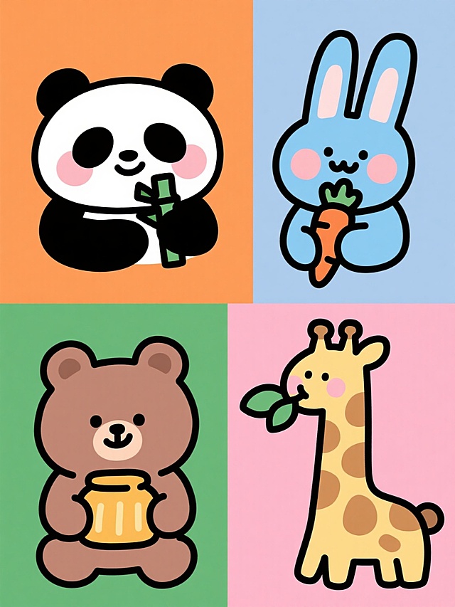一套四个规整排布的可爱卡通动物插画，保持圆润简约的手绘风格，粗黑色轮廓线，柔和渐变填充色，每个动物都有腮红和拟人化表情，背景为纯色且各不相同，分别是：1. 橙色背景上吃竹子的熊猫，2. 蓝色背景上啃胡萝卜的兔子，3. 绿色背景上抱蜂蜜罐的小熊，4. 粉色背景上吃树叶的长颈鹿，所有元素保持相同大小和统一的卡通风格。