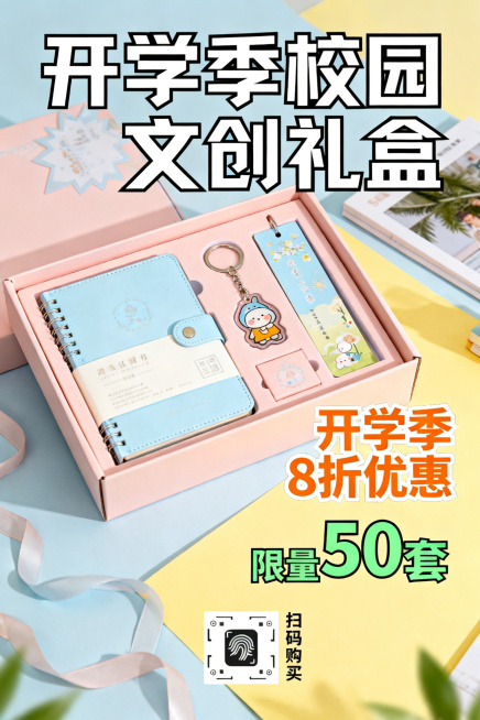 青春活力风格校园定制文创礼盒促销海报，包含文创礼盒（笔记本、钥匙扣、书签）产品实物元素，带有促销文案"开学季8折优惠""限量50套"，预留购买二维码占位，整体面向在校大学生，活力青春校园色调，设计简洁预览效果