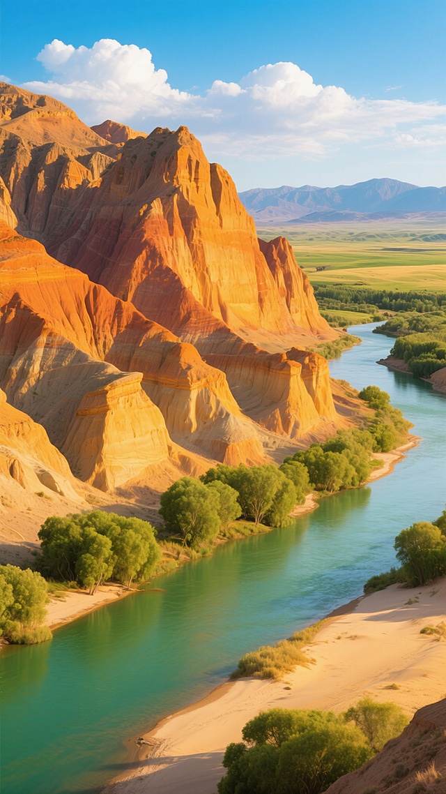 壮丽的自然风景背景，晨光下色彩斑斓的雅丹地貌山峦，橙黄色的岩层在斜射阳光下呈现出丰富的光影层次和细腻的纹理，山脚下蜿蜒流淌着碧绿清澈的河流，河岸边点缀着茂密的绿色树林和金色沙滩，远处是广阔的草原和连绵的山脉，天空湛蓝，飘着洁白的云朵，整体画面呈现出温暖明亮的色调和宁静悠远的氛围，具有极高的自然写实感和视觉冲击力。