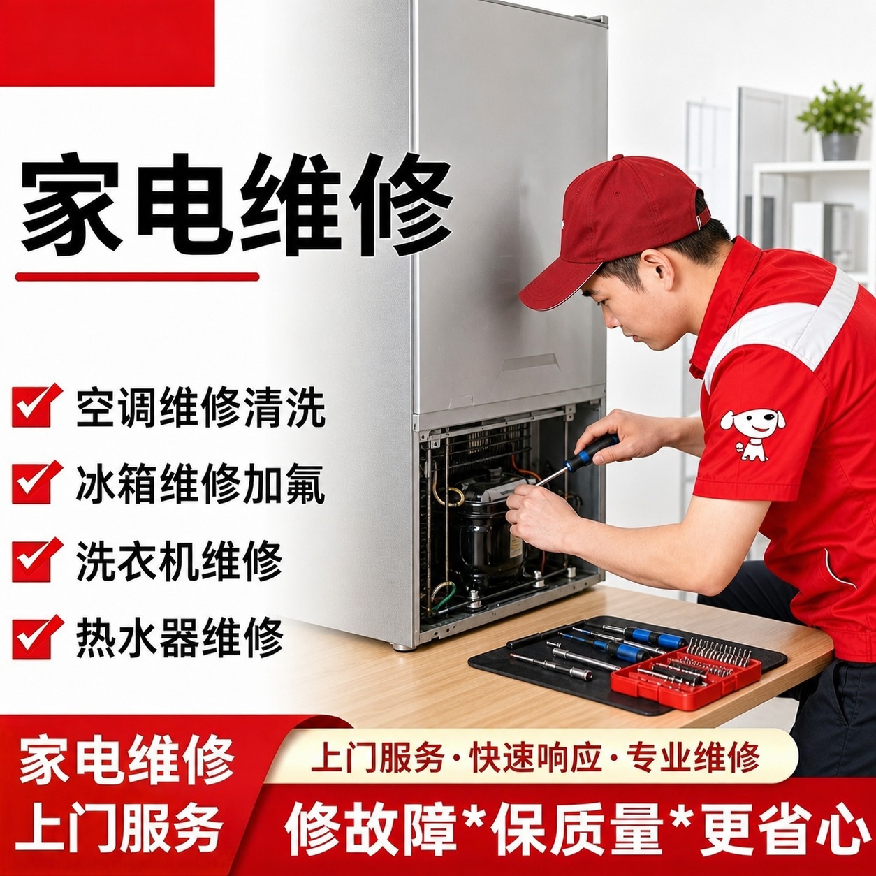 将图中的电脑维修服务改为家电维修服务，整体红白色调风格、版式布… - 图片创意预览