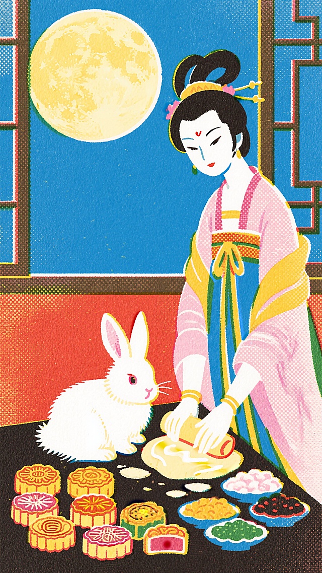 中秋佳节，古典美人与玉兔共制月饼，噪点插画风展现梦幻中式美感。