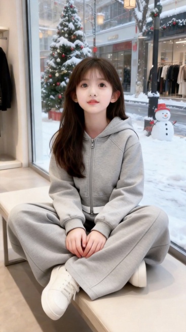 把图1的衣服和裤子给图的2的人物穿上，保留原场景光影，保持图2的人物的五官和发型不变，图片宽高尺寸不变，背景不变，鞋子不变，模特的姿势不变，保持图1的衣服和裤子的款式和颜色不变预览效果