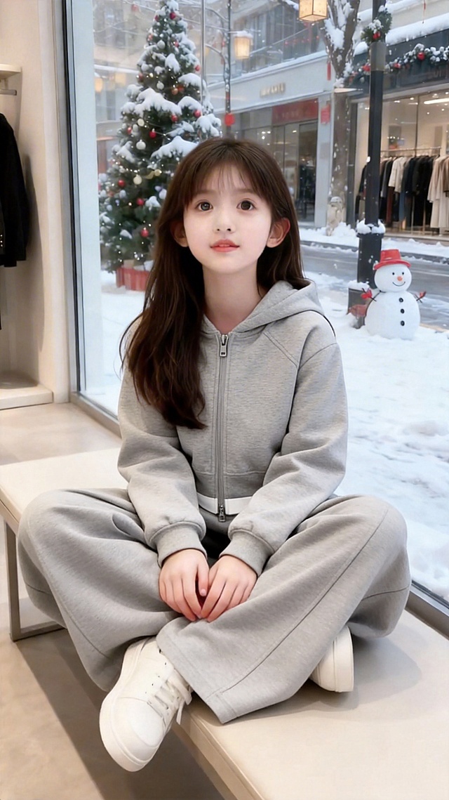 把图1的衣服和裤子给图的2的人物穿上，保留原场景光影，保持图2的人物的五官和发型不变，图片宽高尺寸不变，背景不变，鞋子不变，模特的姿势不变，保持图1的衣服和裤子的款式和颜色不变