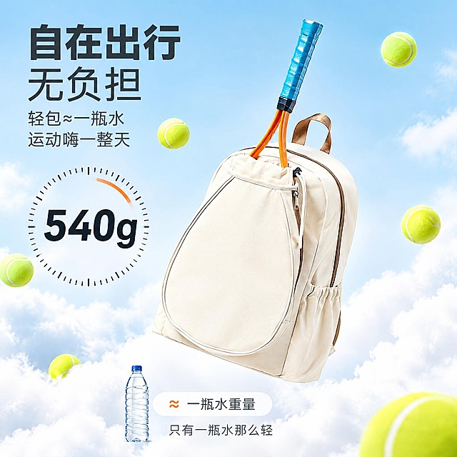 [主图-2] 主题：轻量卖点展示，核心任务是突出包包仅约540g，轻如一瓶水，运动无负担。
[统一基调] 淘宝/天猫运动品类风格，专业品质感，清爽明亮，主色米白+浅棕点缀，标题字深灰近黑，辅助字中灰，强调色活力橙，字体为无衬线粗体，字号层级分明，卡片圆角柔和，整体干净不杂乱。
[画面] 米白色双肩包悬浮在蓬松的白色云层中，主体占比约55%，正面视角略偏侧，网球拍从顶部隔层伸出。画面左侧有一个大号圆形表盘样式的重量标识，中间写“540g”超大号数字，表盘有刻度线。画面底部有一瓶透明矿泉水作为对比参照，旁边小字标注“≈一瓶水重量”。周围漂浮3-4颗黄绿色网球增加动感。背景是浅蓝色天空+白色云层，营造轻盈无负担的视觉感受。
[光影质感] 柔和自然光质感，光线均匀通透，云层有体积感，包包边缘柔和不生硬，整体轻盈明亮。
[配色] 浅蓝天空背景，白色云层，米白包身，深灰标题字，黑色重量数字，黄绿色网球点缀。
[文字版式] 左上主标题“自在出行 无负担”大号粗体深灰色，下方两行副标题“轻包≈一瓶水”“运动嗨一整天”中号字。左侧圆形表盘内“540g”超大号黑色粗体数字。底部矿泉水旁“只有一瓶水那么轻”小号字。文字清晰不遮挡主体。
[输出要求] 1:1正方形，2048x2048，文字清晰可读，产品清晰完整不变形，无错字，无水印，无平台Logo，画面轻盈有活力。
