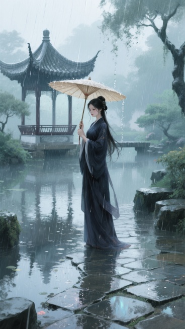 雨天，远处有一座凉亭，一个穿深色汉服的女子撑伞，中式园林，清冷氛围预览效果