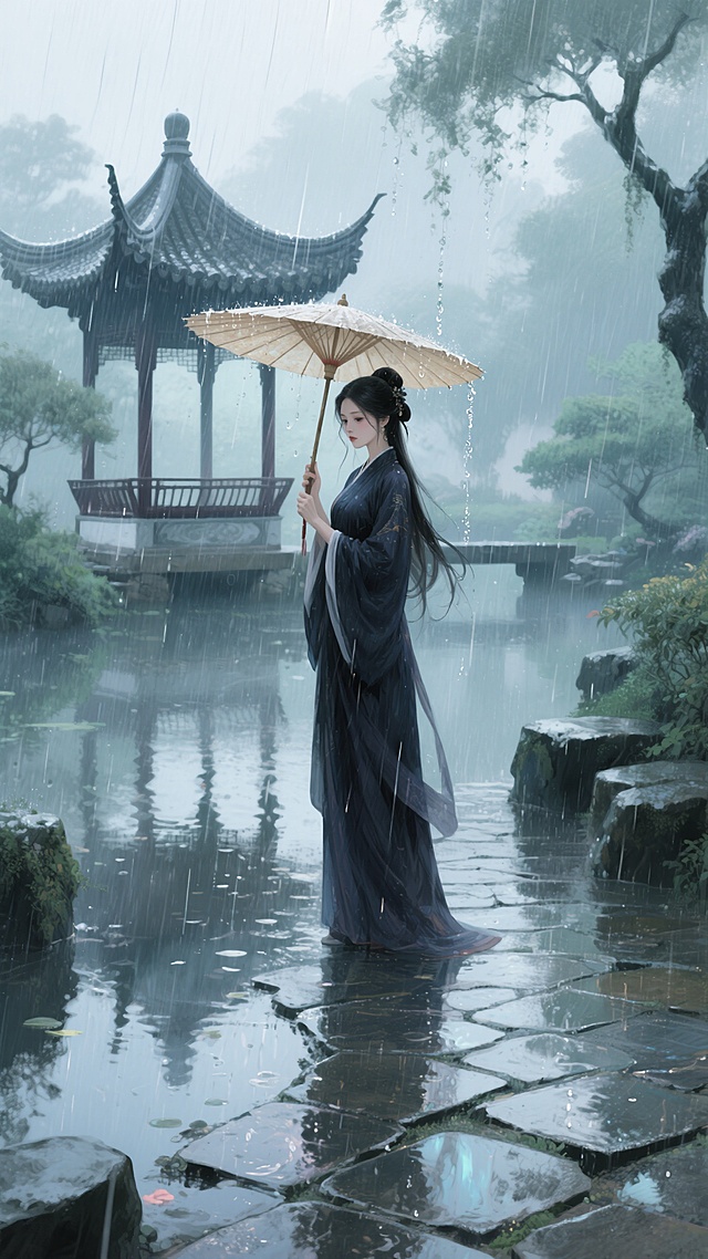 雨天，远处有一座凉亭，一个穿深色汉服的女子撑伞，中式园林，清冷氛围