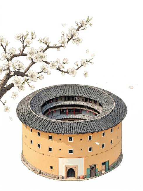 参考图中的客家围龙屋的风格，生成客家围龙屋插画，仅保留围龙屋主体，在房子左侧绘制梅花树，背景为纯白色，移除图中的文字、印章和其他多余元素预览效果