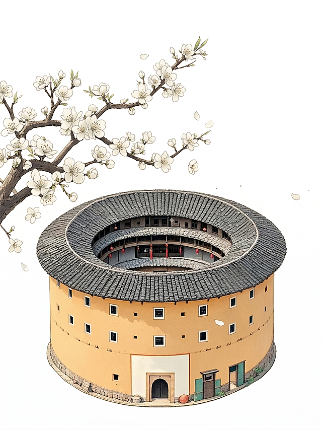参考图中的客家围龙屋的风格，生成客家围龙屋插画，仅保留围龙屋主体，在房子左侧绘制梅花树，背景为纯白色，移除图中的文字、印章和其他多余元素