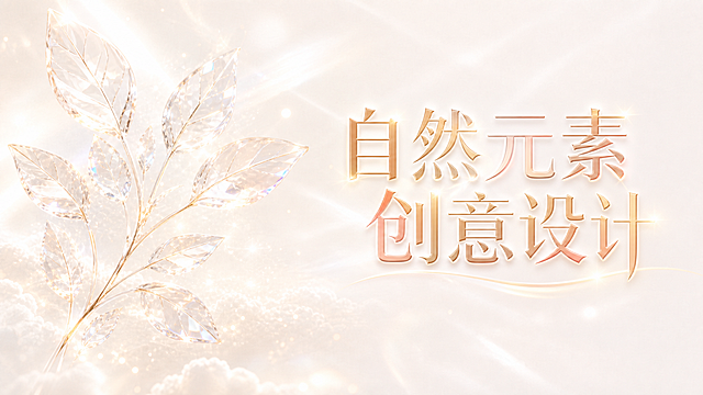 生成一张PPT页面，使用当前浅金色梦幻光晕云朵背景，左侧放置一个通透水晶质感的自然树叶创意配图，右侧放置大标题：自然元素创意设计，标题采用唯美渐变艺术字，整体风格高级简约梦幻，和背景风格保持统一。