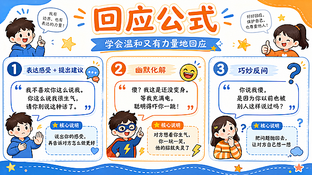 设计回应公式PPT页，延续橙蓝童趣风格，包含三个公式：公式① 表达感受 + 提出建议 "我不喜欢你这么说我。你这么说我很生气，请你别说这种话了。" 💡核心：说出你的感受，再告诉对方怎么做更好，公式② 幽默化解 "傻？我这是还没变身。等我充满电，聪明得吓你一跳！" 💡核心：对方想看你生气，你一玩一笑，他的招就失灵了，公式③ 巧妙反问 "你说我傻，是因为你以前也被别人这样说过吗？" 💡核心：把问题抛回去，让对方自己想一想，16:9宽屏，三公式分块排版清晰
