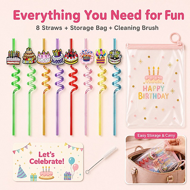 [主图-8] Birthday Cake Spiral Straws Set 包装配件图 套装内含物+收纳展示。
[统一基调] 马卡龙粉+奶油白+浅金色生日派对色调，柔和自然光，整体明亮温馨，通透干净，商业摄影质感，字体为圆润无衬线粗体，标题字色深粉色，辅助字色暖灰色，卡片为奶油白底圆角设计。
[画面] 画面采用平铺俯视角度（Knolling风格），展示套装全部内容物：8支不同颜色的蛋糕螺旋吸管整齐排列，旁边有一个透明收纳袋、一张彩色卡片和清洁刷。所有物品整齐摆放在浅奶油粉色背景上，排列有序，视觉整洁。产品外观、颜色、装饰牌造型与参考图完全一致。画面角落有一个小的使用场景小窗，展示收纳袋放入手提包的样子，体现便携性。
[光影质感] 柔和顶光，物品有自然的底部阴影，立体感强，吸管表面有光泽，整体画面干净高级有品质感。
[配色] 主色调马卡龙多彩+奶油白+浅粉背景，整体丰富而和谐。
[文字版式] 画面顶部大标题 "Everything You Need for Fun" 深粉色圆润粗体大字，下方小字 "8 Straws + Storage Bag + Cleaning Brush" 暖灰色。收纳袋小窗旁有标签 "Easy Storage & Carry"。文字清晰不遮挡产品。
[输出要求] 比例1:1，2048x2048，文字清晰可读，产品全部清晰展示。负向：变形、错字、模糊、杂乱、水印、平台Logo、中文文字、SKU字样。