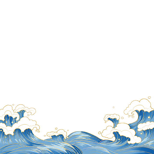 参考图中的国潮海浪插画风格，保持画面构图和海浪形态不变，将所有描边线条改为金色描线，海浪为蓝色，白色浪花，透明背景，国潮插画风格，精致细腻