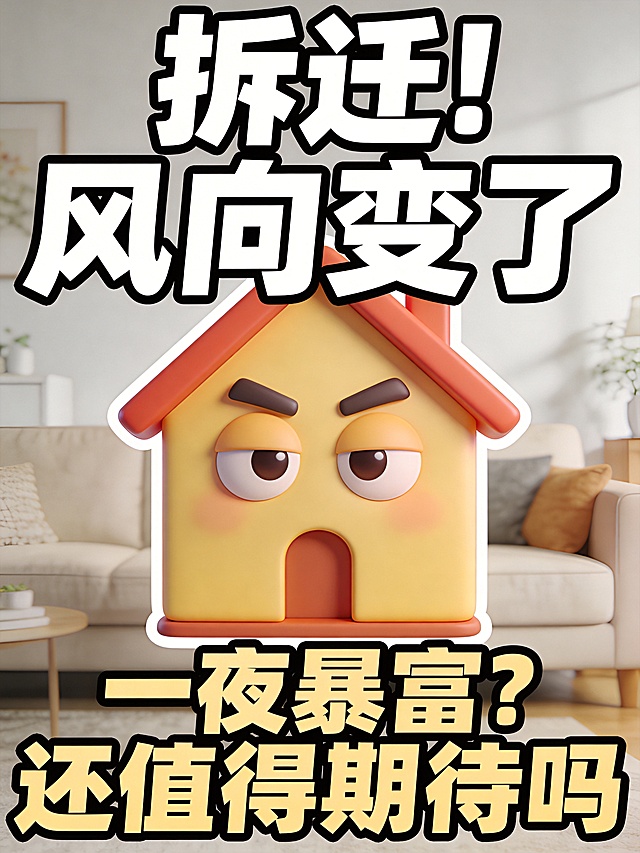 苹果Memoji风格,3D卡通房子造型设计，保留原夸张拟人风格，瞳孔微张、眉毛高挑拟人化五官设计。
不改变视角，将原图景别修正成完整展示从头顶到胸部以上的区域，占据画面中心区域（占比约 60%），头顶上方距离上边缘约 15% 画面高度，房子边缘不超出中心区域。
房子主体边缘添加白色细实线外描边。
叠压构图，顶部区域：仅放置主标题【拆迁！风向变了】，房子叠压在文字上方。文字顶部紧贴画面上边缘，文字字号超大，文字大小横向撑满版面，底部区域：文字底部紧贴画面下端，第一行放置副标题第一段【一夜暴富？】，第二行放置副标题第二段【还值得期待吗】，左对齐且短行字号更大，文字大小横向撑满版面，文字字号大。
主标题字体样式：白色超粗重磅无衬线粗体，笔画厚实饱满，边缘清晰锐利，大字号，黑色细实线外描边。
副标题字体样式：浅黄色超粗重磅无衬线粗体，笔画厚实饱满，边缘清晰锐利，黑色细实线外描边。
背景是明亮居家客厅沙发场景，真实的实景背景，适当虚化处理，柔和均匀的漫射自然光，整体画面亮调通透不昏暗，背景自然虚化不杂乱，真实生活化居家质感，光影自然真实，高清细腻。
负向：(重复文字：1.5)，文字乱码，变形，矩形色块，人体结构畸形，画质模糊，噪点。
分辨率为4k。