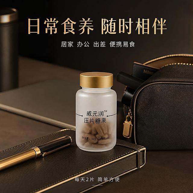 【主图4 - 场景/使用场景展示】威元润男士食养压片糖果 电商主图。

[风格] 男性向轻奢高级风，深棕黑+香槟金，和主图1风格统一。

[画面] 高端男士生活场景，极简克制，不出现人物脸部。画面展示：
- 精致的男士办公桌一角，或商务出行场景
- 产品瓶子放在皮质笔记本/金属笔旁边，或放在旅行收纳包里
- 体现高端男士日常、商务、出行的使用场景
- 整体氛围：精致、自律、品质生活

产品瓶身清晰可见，标签100%保留原样。场景元素少而精，不杂乱。

背景深棕灰调，暖光氛围，高级感。

[光影] 温暖柔和的室内光，侧光，有质感，高端生活方式摄影感。

[文字 - 严格合规]
- 顶部标题：「日常食养 随时相伴」香槟金色，大字
- 副标题：「居家 办公 出差 便携易食」浅灰色小字
- 底部：「每天2片 简单方便」极浅灰色

排版疏朗，留白充足，男性向轻奢高级。

[合规] 严禁功效医疗保健类词汇。只说场景和使用方式。

1:1方图，2K高清。
负向：女性化，花哨，廉价，人物脸部，场景杂乱，瓶身标签改变。