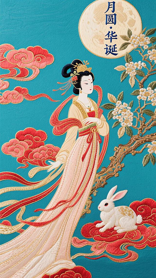 一幅嫦娥玉兔在月宫的场景，灵感来源于中国皮影戏。整个图像由在动物皮革上雕刻的复杂镂空图案构成。人物是关节式肢体的优雅剪影。场景为背光，产生强烈的对比和戏剧性的光影，在幕布上投下彩色阴影。风格化的云彩和桂树。“月圆·华诞”四个字显示在画面右上方，国潮色彩的深蓝、朱红和金色。干净背景，皮影艺术品的影棚拍摄效果。杰作，高质量，8K。