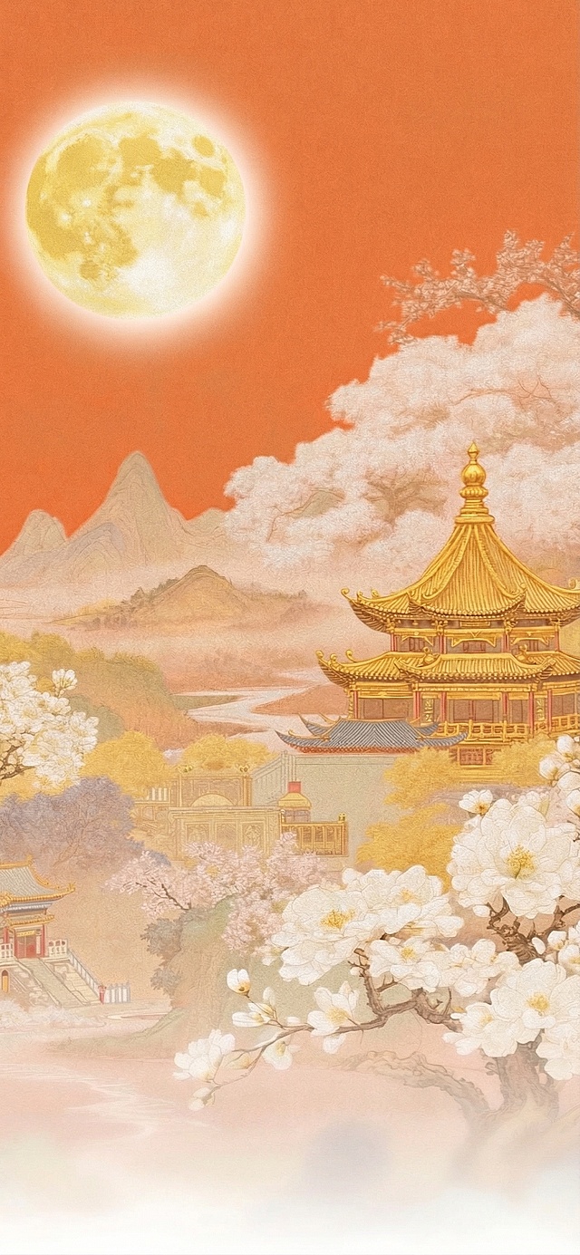 去掉这张图片上所有的文字内容，包括左上角的标识和英文、右上角的英文和月字、左侧的中英文中秋标识、下方的日期、标语、英文小字、底部的联系电话和地址文字，保留原有的画面元素、构图、风格和色彩