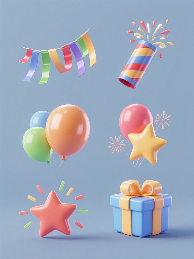 6个3D风格素材规整排布，包含带有光泽感的彩色拉花、飘带状彩带、筒状礼炮、绽放星形烟花、圆润气球、立体礼盒，整体造型简约现代，纯色背景，无文字无logo无水印，各元素色彩明快，边缘平滑，呈现轻微立体感和阴影效果。