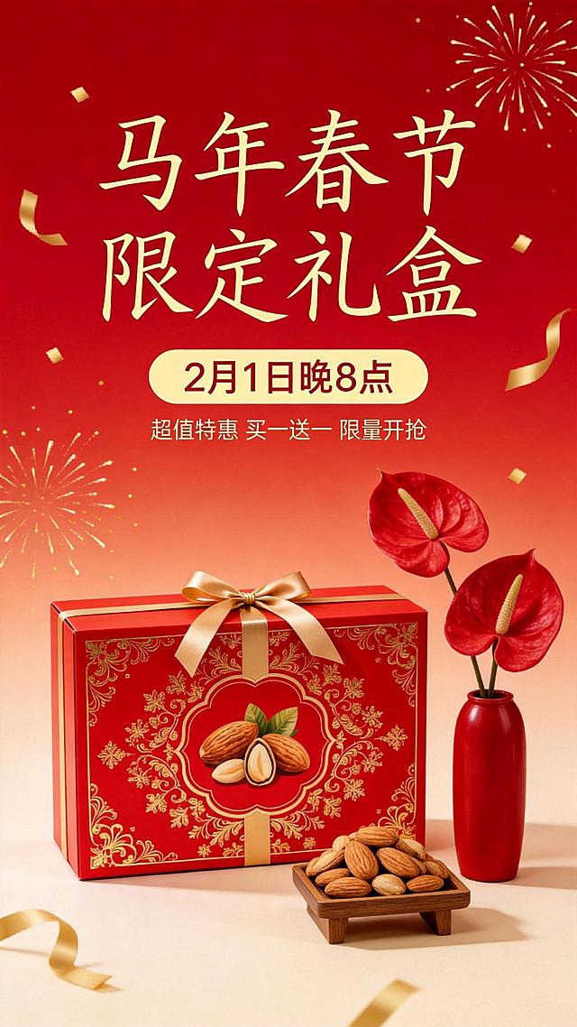 画面下方为参考图礼盒。前景摆放着巴旦木坚果在矩形木质小架子上，直立圆口红色花瓶插着红掌花。海报顶部有金色中文主标题“马年春节 限定礼盒”（一排），采用手写现代纤细连笔字体。主标题下方有圆角矩形标签，写着“2月1日晚8点” 。小字“超值特惠 买一送一  限量开抢”。背景为渐变红（金色粒子烟花、金色彩带，虚化）