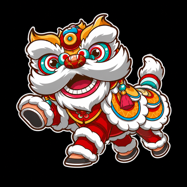 参考图片的国潮醒狮卡通插画风格，重新生成醒狮画面内容，保持黑色背景，延续现有色彩搭配和卡通设计风格预览效果