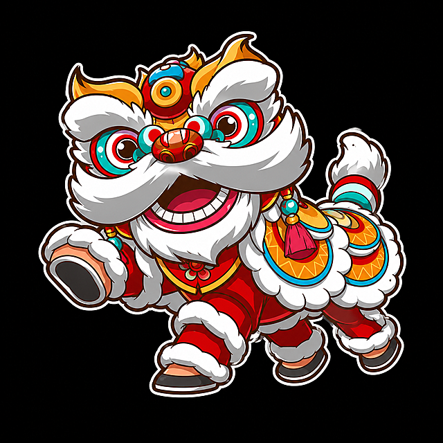 参考图片的国潮醒狮卡通插画风格，重新生成醒狮画面内容，保持黑色背景，延续现有色彩搭配和卡通设计风格