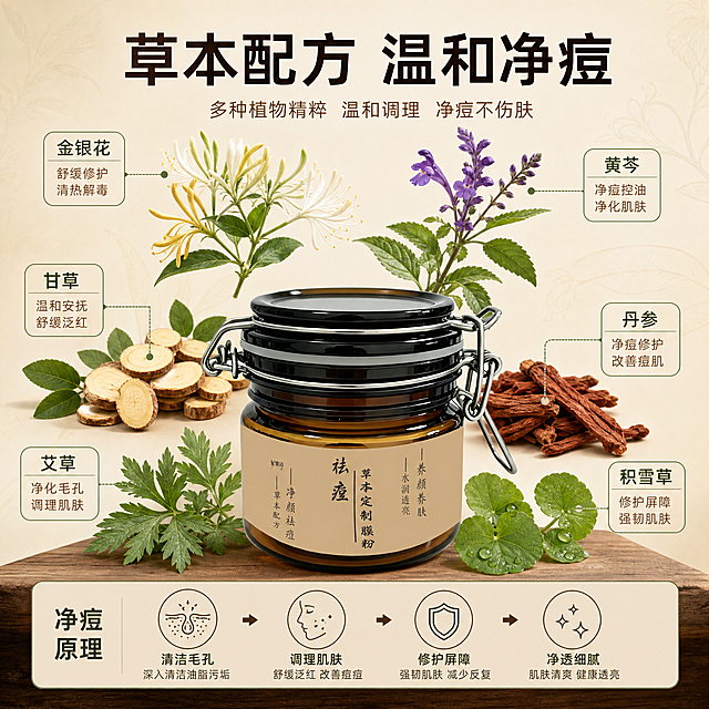 [主图-2] 核心功效成分解析，展示草本祛痘膜粉的天然植萃成分与净痘原理。
[统一基调] 整体风格为东方草本植萃风，背景主色为浅米杏色+暖棕渐变，标题字色为深墨棕色，辅助字色为暖褐色，强调色为草木绿，字体为干净的非衬线黑体，字号层级分明，卡片采用细描边圆角样式，整体氛围温润自然。
[画面] 产品罐位于画面下方居中，占画面约40%，保持原产品外观完全一致。产品上方和四周悬浮多种真实草本原料特写：金银花、甘草、黄芩、丹参、艾草等，每种草本都有清晰的叶片/花朵细节，用细引线连接到对应的功效标签。背景为浅米色渐变，有淡淡的草本纹理底纹。整体呈现成分环绕产品的视觉效果，强调草本配方的天然来源。
[光影质感] 超写实商业摄影质感，每种草本原料都有独立的柔和光照，叶片纹理清晰，颜色自然真实。产品罐光影与首图一致，玻璃质感通透，金属扣反光自然。
[配色] 浅米杏色背景，深墨棕标题，暖褐色说明文字，草木绿植物本色，整体和谐自然。
[文字版式] 顶部主标题「草本配方 温和净痘」大字号粗体深墨棕色。每种草本旁配小圆角卡片，内有成分名+功效，如「金银花 舒缓修护」「甘草 温和安抚」「黄芩 净痘控油」，卡片文字为小号暖褐色。文字均横排，不遮挡产品主体。
[输出要求] 1:1正方形比例，产品清晰，成分真实自然，文字清晰可读。负向：产品变形、成分虚假、文字错误、画面杂乱、水印、模糊、悬浮感强。