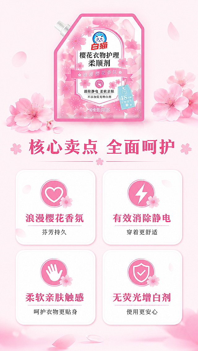[第2屏] 核心卖点展示屏，本屏使用【图1】提取产品元素。
[氛围/风格] 清新简约，干净通透，保持樱花浪漫风格，商业图文质感，阅读体验舒适。
[元素布局] 顶部展示产品缩小版主图，占据画面上方约20%区域，保持产品外观和包装文字与原图一致。下方使用2x2宫格排版，四个圆角卡片分别展示四个核心卖点，每个卡片包含一个简约小图标+标题卖点说明，卡片之间留有合适间距，布局整齐不拥挤。
[光影质感] 整体光线均匀柔和，卡片有轻微阴影增加层次感，文字清晰明亮，产品图边缘干净，背景浅色干净不干扰阅读。
[配色色系] 全局底色：#FFF5F8（浅粉）；卡片底色：#FFFFFF（纯白）；标题文字：#EC407A（深粉色）；说明文字：#424242（深灰），保持整体粉色系统一和谐。
[视角构图] 满屏排版，顶部分产品小图带标题，下部分四宫格卖点，居中对齐，上下留白合适，符合移动端竖屏阅读习惯。
[文字版式] 顶部大标题「"核心卖点 全面呵护"」，粉色粗体居中，字号约画面高度6%。四宫格卡片文字：第一格图标爱心，标题「"浪漫樱花香氛"」，小字「芬芳持久」；第二格图标闪电，标题「"有效消除静电"」，小字「穿着更舒适」；第三格图标手掌，标题「"柔软亲肤触感"」，小字「呵护衣物更贴身」；第四格图标盾牌，标题「"无荧光增白剂"」，小字「使用更安心」；每个卡片标题清晰，说明文字小而清晰，不遮挡不拥挤。
[比例分辨率] 9:16竖版比例，4K分辨率，文字清晰可辨，适配移动端观看。
[负向提示词] 布局混乱，文字错乱，颜色冲突，包装变形，水印，诱导按钮，背景杂乱，文字模糊。