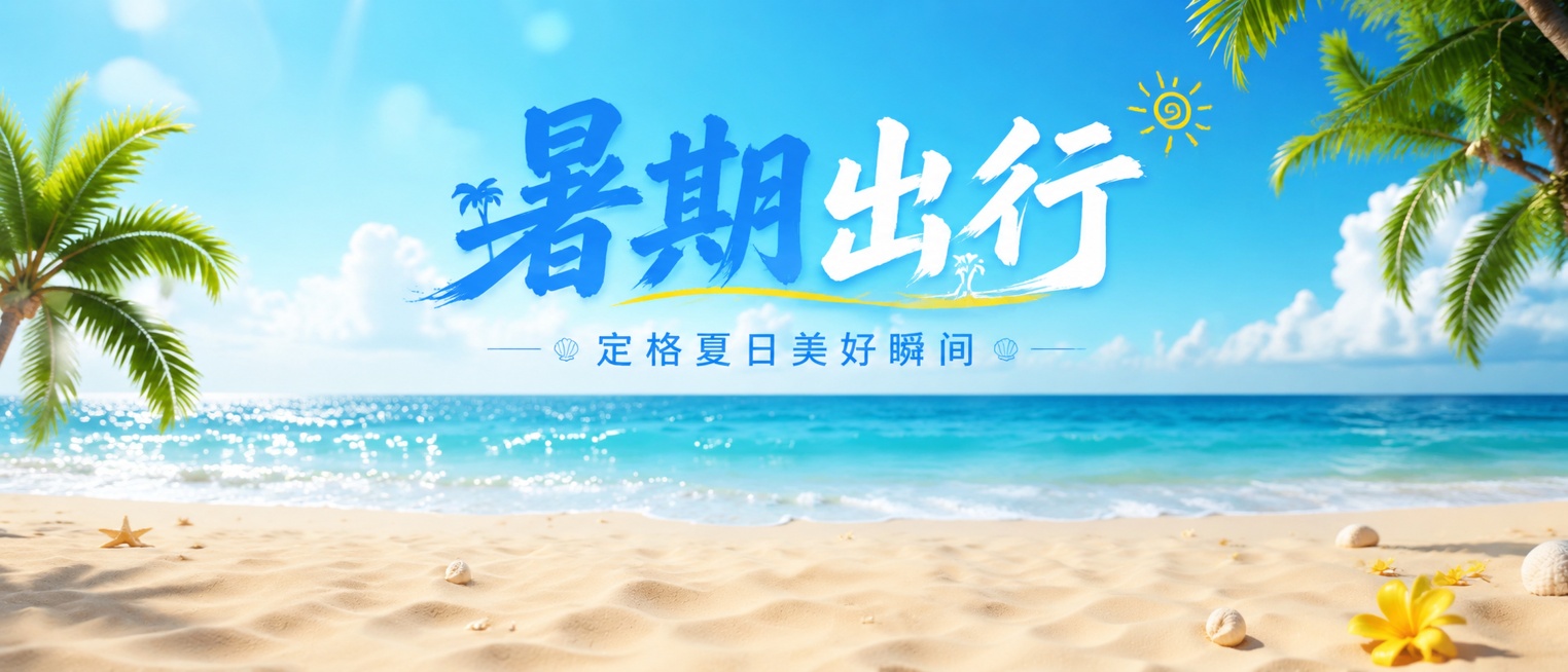 基于这张海边沙滩风景图，制作暑期出行主题海报，在画面上方添加主标题"暑期出行"，副标题"定格夏日美好瞬间"，保留原图清新的海滩椰树海景风格，排版精美，文字清晰不遮挡主体风景，整体风格为写实清新夏日度假预览效果