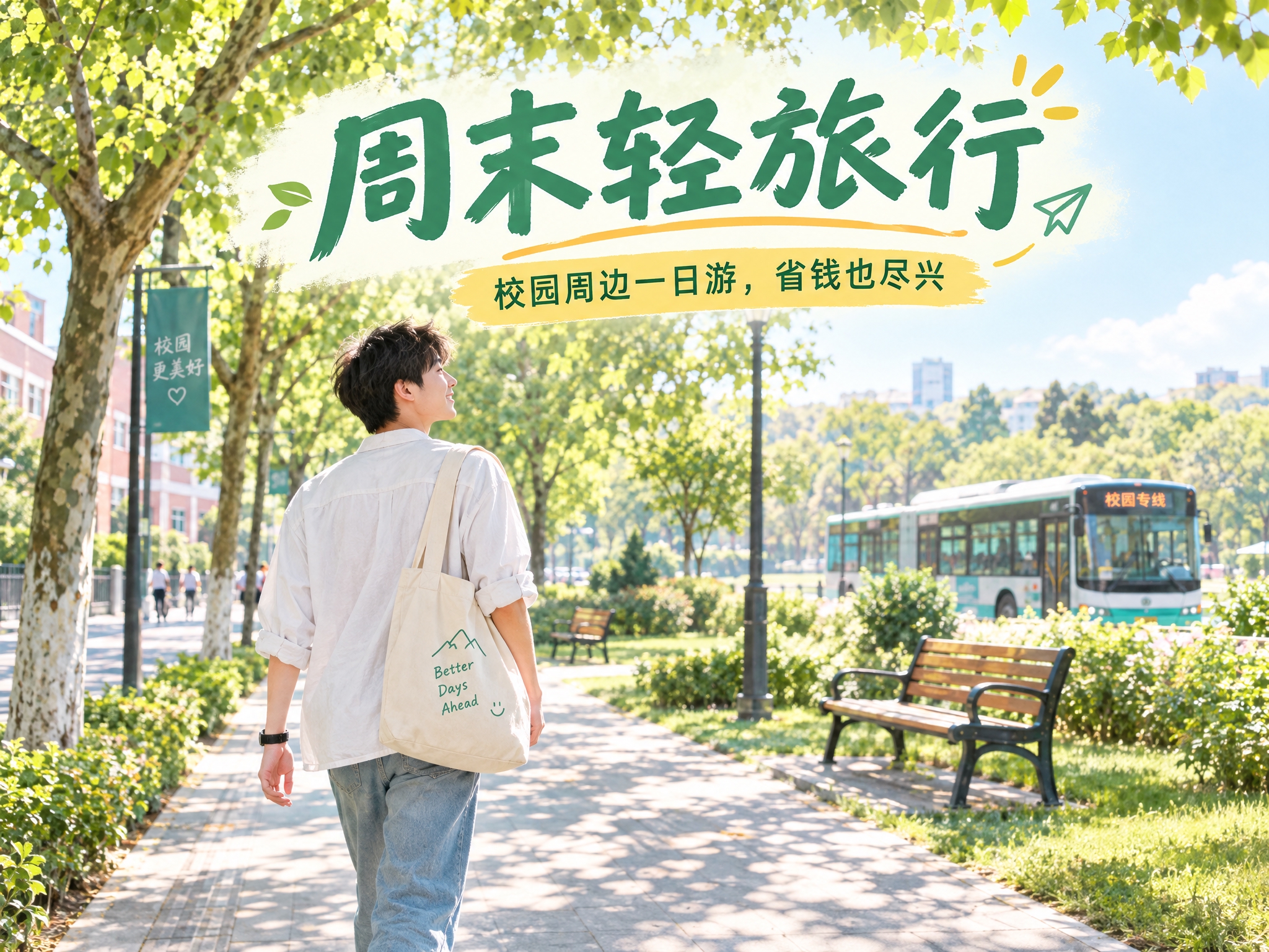 横版清新风格周末轻旅行主题海报，画面主体是一个背着帆布包的年轻… - 图片创意预览
