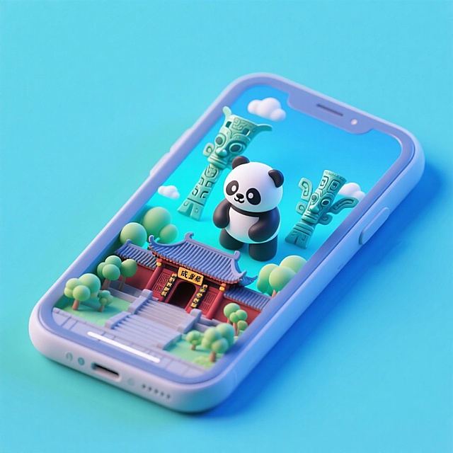 软3D风格手机微缩场景，可爱熊猫立于古风建筑前，融合粘土质感与清新配色，卡通感十足，呈现趣味国潮视觉。