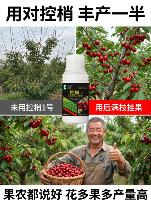 控梢1号详情页爆款主图，展示使用对比和果农认可，3:4竖版。氛围风格：接地气的农资爆款风格，真实有感染力。画质：高清商业摄影，真实自然，画面干净清晰。元素：上方左右分屏对比，左图未使用：果树徒长梢多果预览效果