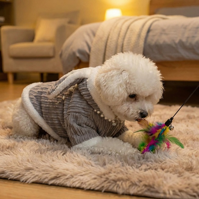 特写白色卷毛小狗穿着灰色带兔耳的秋冬保暖衣服，趴在地毯上玩逗猫棒，清晰展示衣服的坑条纹理和领口珍珠装饰，物体主体特征不变预览效果