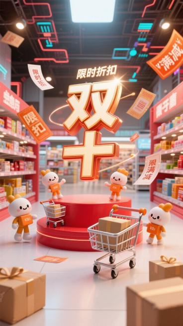画面中有购物车、优惠券、包裹等购物元素，还有可爱拟人化电商平台形象（或卡通购物小人），围绕 “双十一” 促销标识互动。场景设定：热闹的线上电商界面或线下商场，背景有闪烁促销灯光、满是商品的货架、代表网预览效果
