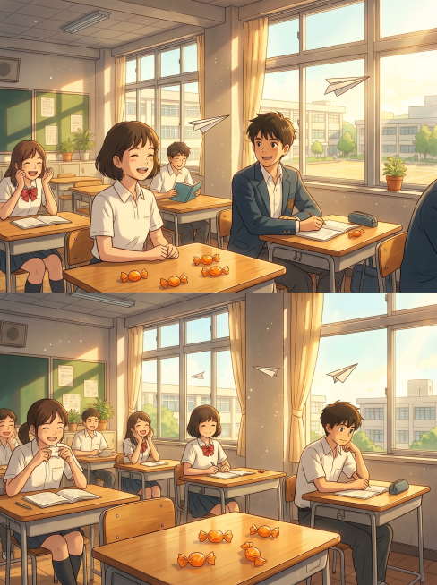 高中校园教室场景，午后阳光透过窗户洒进，青春的少年和少女在教室里，空中飞着纸飞机，桌面上放着橘子糖，整体是清新动漫风格，氛围青春治愈，不涉黄不涉政预览效果