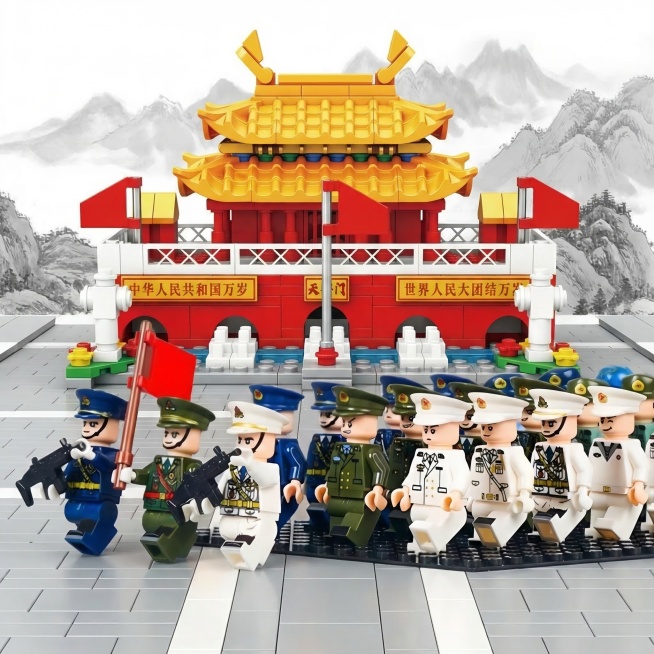 将两张图片内容合成一张方形图，把乐高军人仪仗队和乐高天安门模型放在同一张图片中，协调大小和颜色，保持乐高积木风格，画面整体和谐统一预览效果