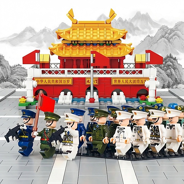 将两张图片内容合成一张方形图，把乐高军人仪仗队和乐高天安门模型放在同一张图片中，协调大小和颜色，保持乐高积木风格，画面整体和谐统一