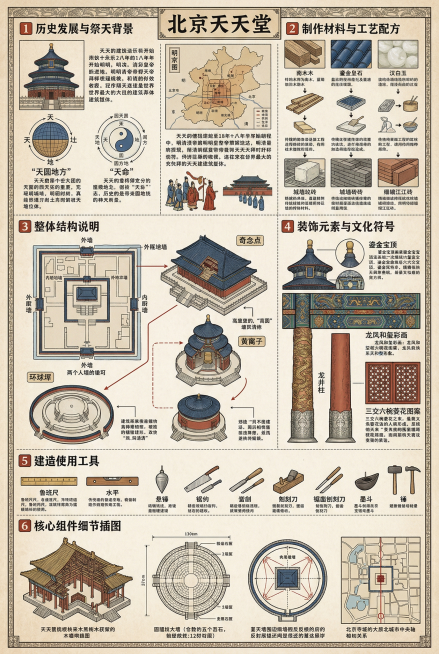 A3大小的北京天坛信息可视化展板，复古精致信息密度高的图解风格，配色为蓝色琉璃瓦、汉白玉洁白、红墙朱红、鎏金金色。包含六大板块：1.历史发展与祭天背景：说明天坛始建于明永乐十八年，是明清皇帝祭天祈谷场预览效果
