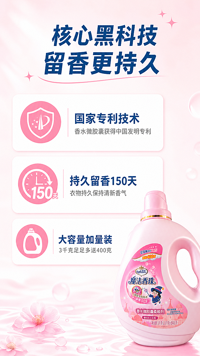 [第2屏] 核心卖点屏-柔欣魔法香珠柔顺剂核心优势展示。本屏使用【图1】作为产品小图展示。
[氛围/风格] 简约清晰卖点风，浅淡柔粉背景，干净通透，专业感强。
[元素布局] 画面上方大标题区域，中间三个卖点卡片分三行排列，每个卖点卡片左侧带圆形图标，右侧展示文案，右下角放置【图1】产品小图，占据画面右下角约25%区域，保持产品外观与原图一致。三个卖点卡片均匀分布，留白充足，每个卡片不拥挤。
[光影质感] 均匀柔和布光，文字区域亮度均匀，产品小图光影自然，阴影柔和，整体明暗清晰，重点突出。
[配色色系] 全局底色：#FFF5F8（浅柔粉）；卡片背景：#FFFFFF；主色文字：#2D5A8C；辅助色：#F688B3（浅粉标题）；图标色：#F688B3。
[视角构图] 正面平面版式构图，上标题，中卖点，右下产品，信息层级从上到下清晰。
[文字版式] 顶部大标题「核心黑科技 留香更持久」，深蓝色加粗字体居中，字号画面宽度7%。三个卖点依次为：1「国家专利技术」+「香水微胶囊获得中国发明专利」，2「持久留香150天」+「衣物持久保持清新香气」，3「大容量加量装」+「3千克足足多送400克」。每个卖点主标题加粗，副标题浅色小字，图标+文字组合，排版整齐不遮挡。
[比例分辨率] 9:16竖版比例，4K分辨率，文字清晰可辨，超高清。
[负向提示词] 卖点文字错乱，产品变形，颜色偏差，布局拥挤，水印，背景杂乱，文字模糊。