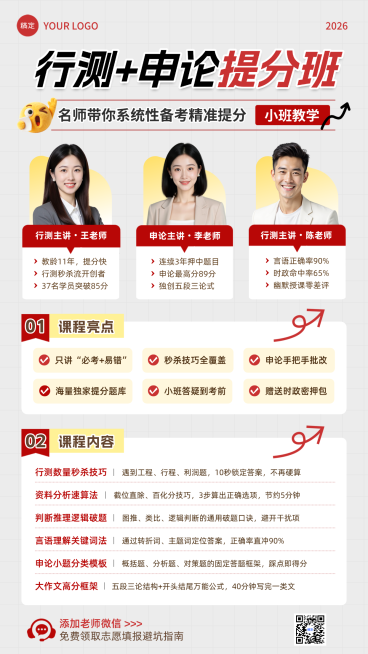 教育职业培训考公集训班红色简约多人像讲师海报预览效果