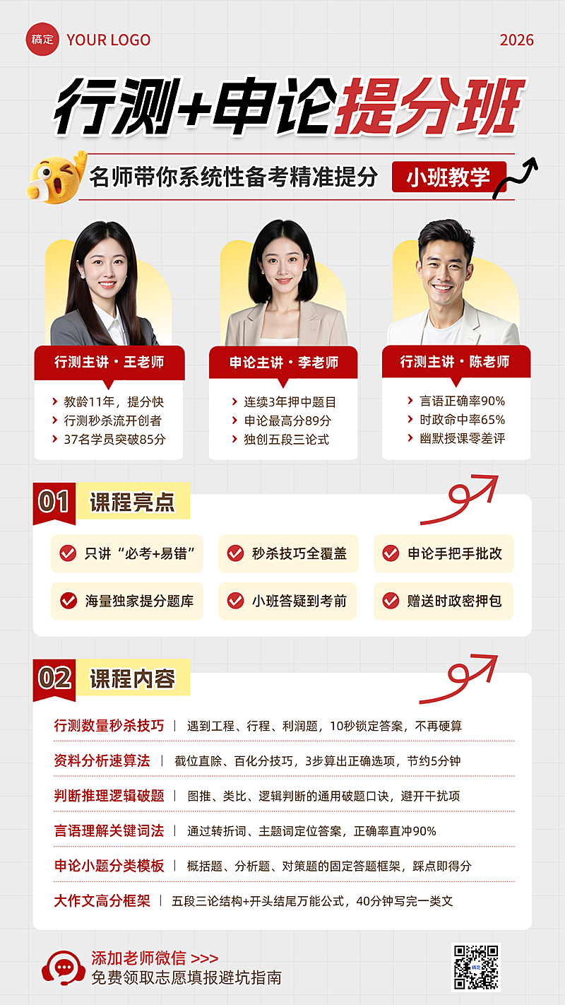 教育职业培训考公集训班红色简约多人像讲师海报