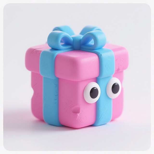 3D风格的可爱礼物盒，拟人化设计，大眼睛萌趣十足，节日氛围浓厚。