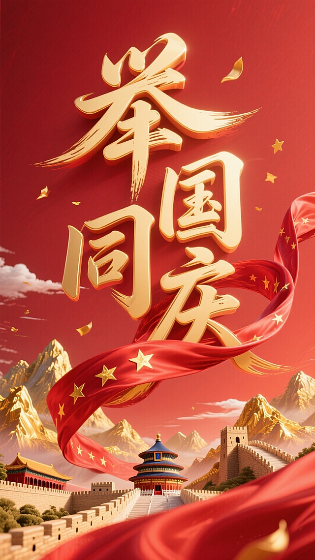 红色背景。主标题笔触飘逸的金色艺术字“举国同庆”，一条突出的动态感强的红色绸布（表面凸显金色星星）贯穿缠绕文字，金色山脉、长城、天坛穿插其在文字周围。