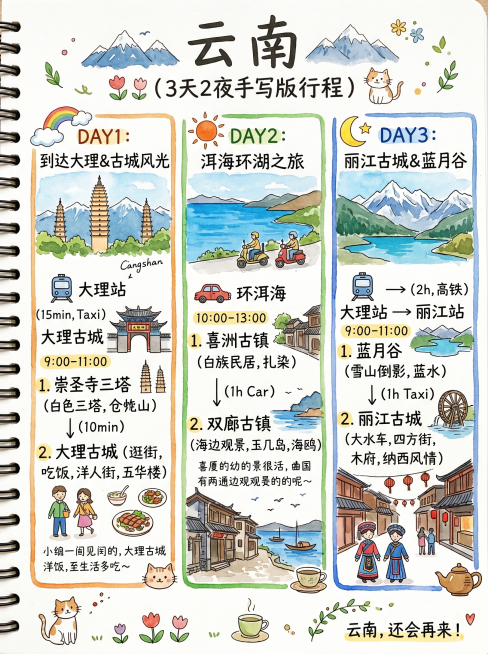 参考提供的苏州3天2夜手写行程手账风格，生成一张云南3天2夜手写版行程手账图文，标题写大字"云南"，小字标注"(3天2夜手写版行程)"，保持和参考图一样的手绘卡通景点插画排版，分DAY1、DAY2、D预览效果