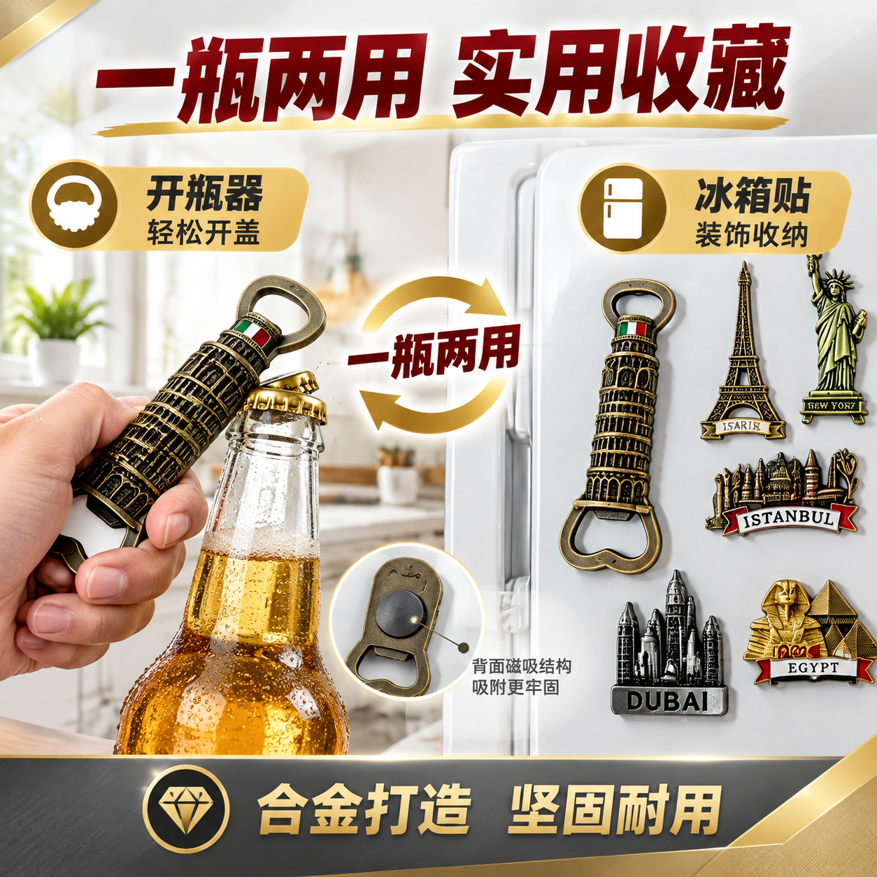 [主图-2] 核心卖点图，主题为双功能设计，既是开瓶器又是冰箱… - 图片创意预览