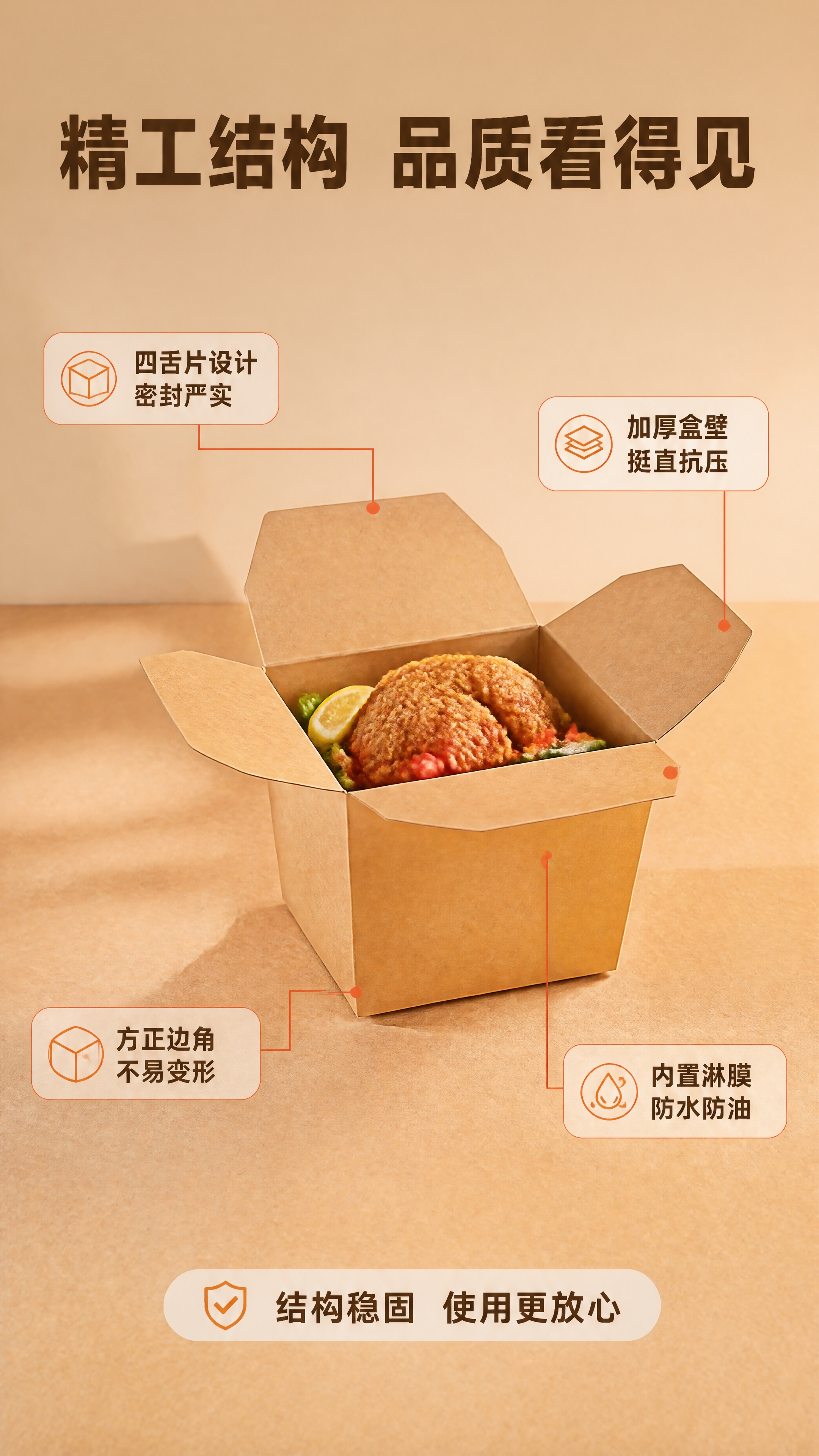 [商品] 使用【图1】长方形牛皮纸餐盒；保留四舌片翻盖结构、牛… - 图片创意预览