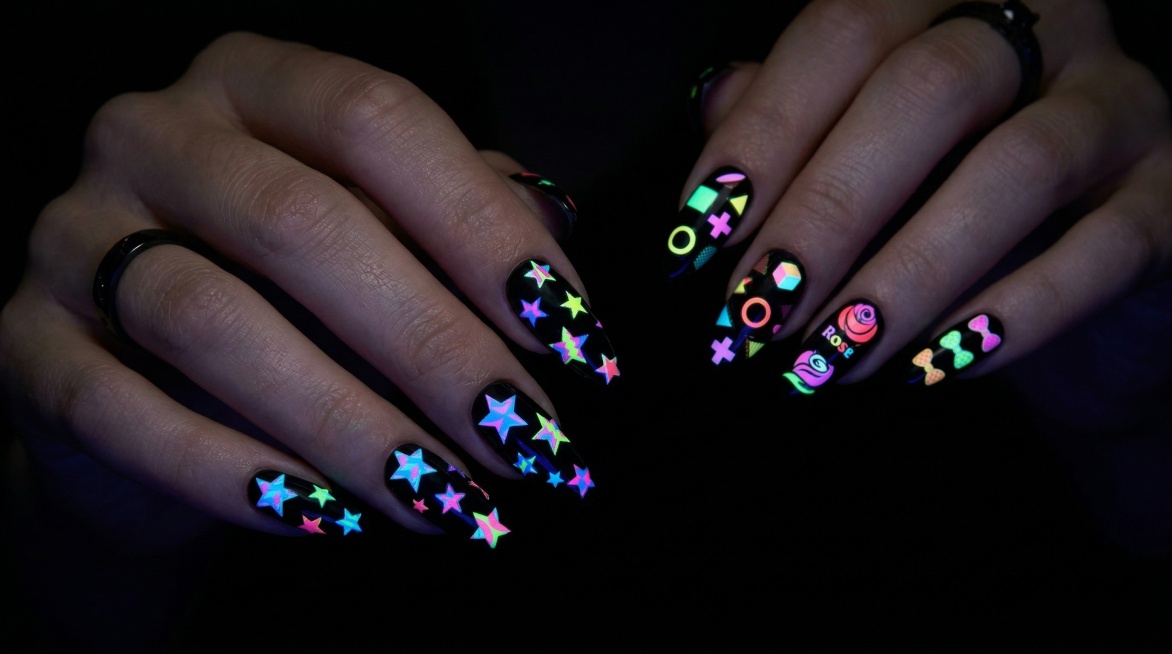 保持原图中夜光美甲贴纸的图案和发光特征不变，展示欧美女性手部特写，指甲贴上不同图案的彩色夜光美甲贴纸，在昏暗环境下贴纸自然发出绚丽荧光，超清时尚美妆摄影，16:9构图预览效果