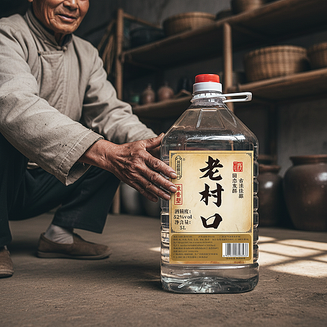 这是一大桶白酒，做一张场景图，酒桶在中间构图不变，周围一个农村老人伸手抚摸着这桶酒